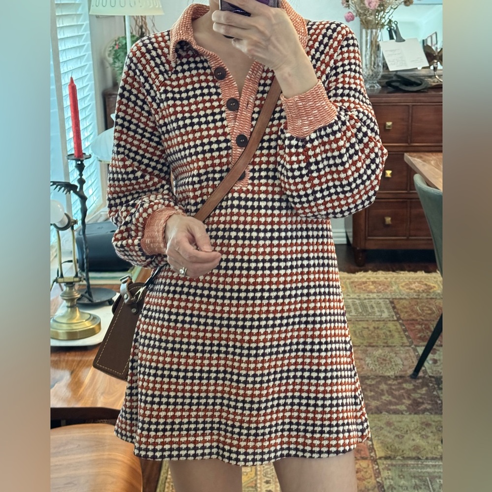 Free People Orange/Purple Chenille Knit Houndstooth Checkered Patterned Dress XS